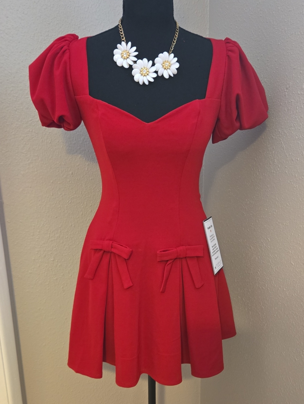 B Darlin Red Puff-Sleeve Fit & Flare Mini Dress with Bow Details